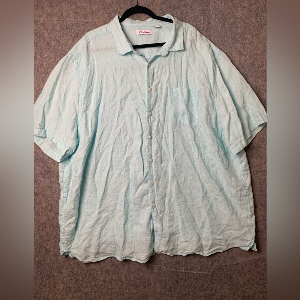 Caribbean Men Size 4XB‎ 100% Line Short Sleeve Pastel Blue Button Down Shirt